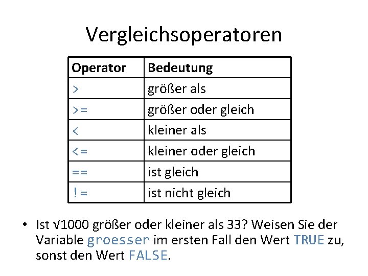 Vergleichsoperatoren Operator > >= < <= == != Bedeutung größer als größer oder gleich