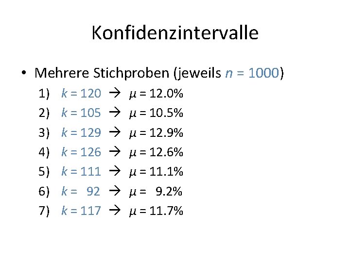 Konfidenzintervalle • Mehrere Stichproben (jeweils n = 1000) 1) 2) 3) 4) 5) 6)