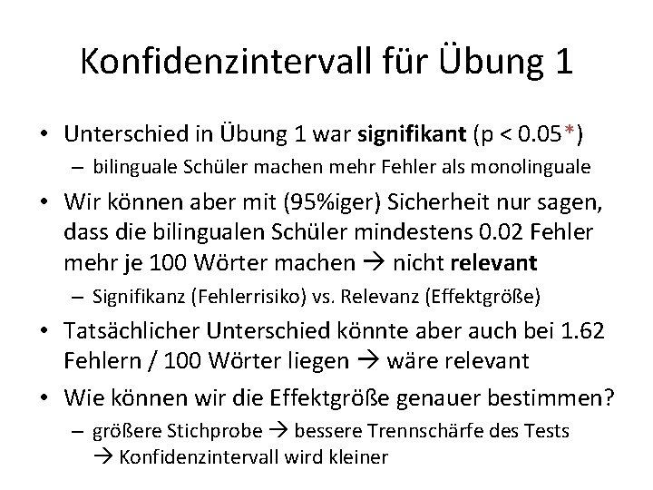 Konfidenzintervall für Übung 1 • Unterschied in Übung 1 war signifikant (p < 0.