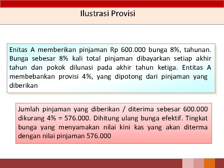 Ilustrasi Provisi Enitas A memberikan pinjaman Rp 600. 000 bunga 8%, tahunan. Bunga sebesar