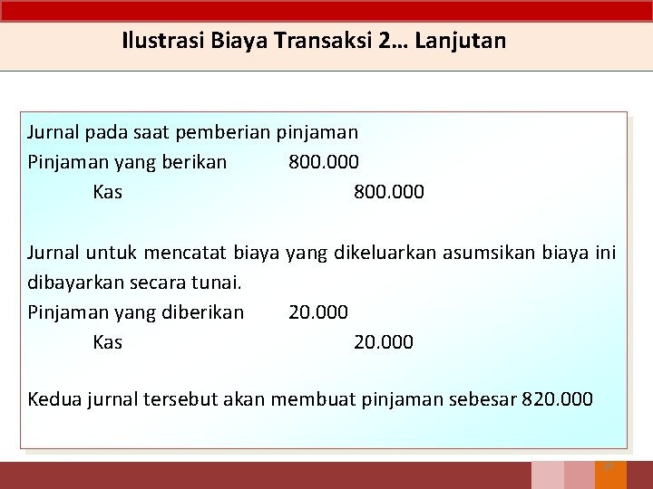 Ilustrasi Biaya Transaksi 2… Lanjutan Jurnal pada saat pemberian pinjaman Pinjaman yang berikan 800.