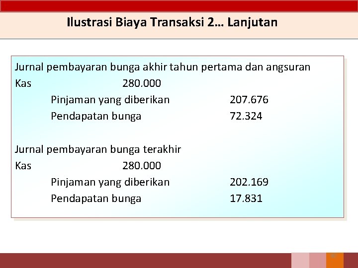 Ilustrasi Biaya Transaksi 2… Lanjutan Jurnal pembayaran bunga akhir tahun pertama dan angsuran Kas