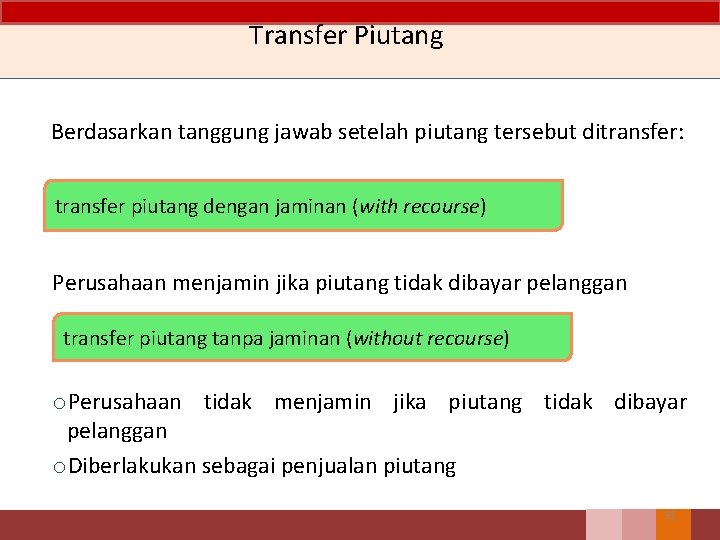 Transfer Piutang Berdasarkan tanggung jawab setelah piutang tersebut ditransfer: transfer piutang dengan jaminan (with