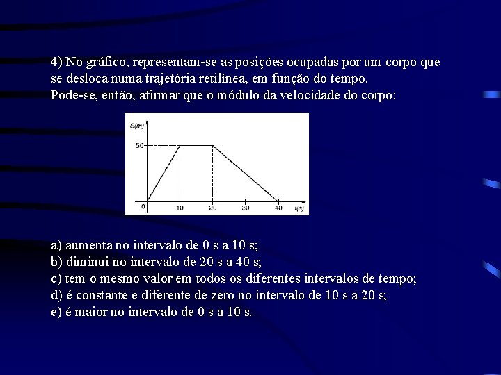 4) No gráfico, representam-se as posições ocupadas por um corpo que se desloca numa