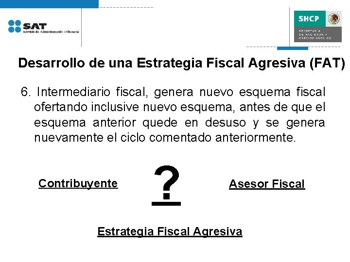 Desarrollo de una Estrategia Fiscal Agresiva (FAT) 6. Intermediario fiscal, genera nuevo esquema fiscal
