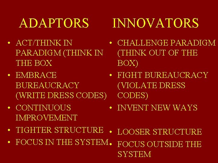 ADAPTORS • ACT/THINK IN • PARADIGM (THINK IN THE BOX • EMBRACE • BUREAUCRACY