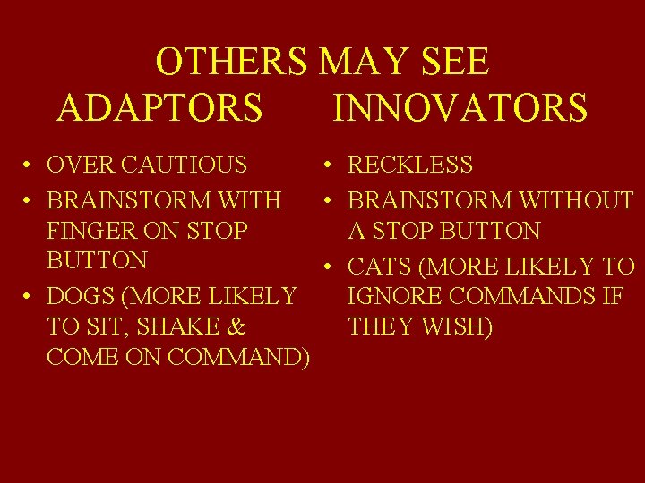 OTHERS MAY SEE ADAPTORS INNOVATORS • OVER CAUTIOUS • RECKLESS • BRAINSTORM WITHOUT FINGER
