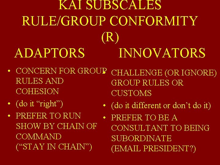 KAI SUBSCALES RULE/GROUP CONFORMITY (R) ADAPTORS INNOVATORS • CONCERN FOR GROUP • RULES AND