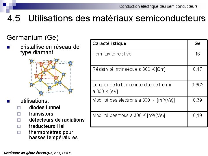 Conduction electrique des semiconducteurs 4. 5 Utilisations des matériaux semiconducteurs Germanium (Ge) n n