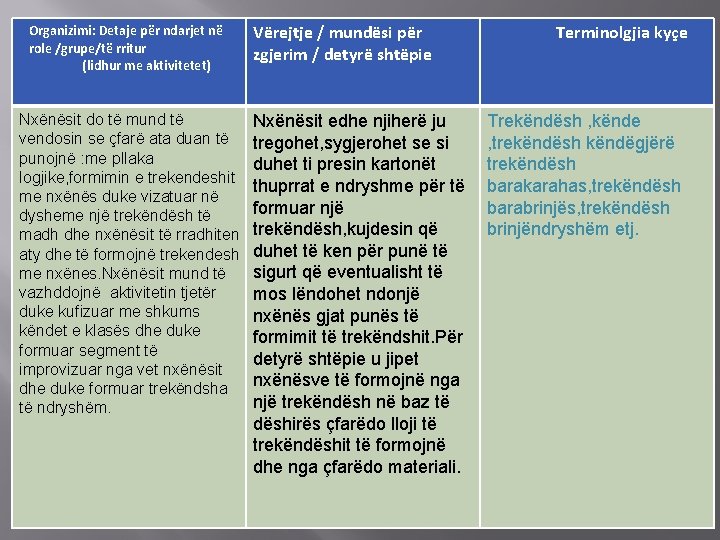 Organizimi: Detaje për ndarjet në role /grupe/të rritur (lidhur me aktivitetet) Vërejtje / mundësi