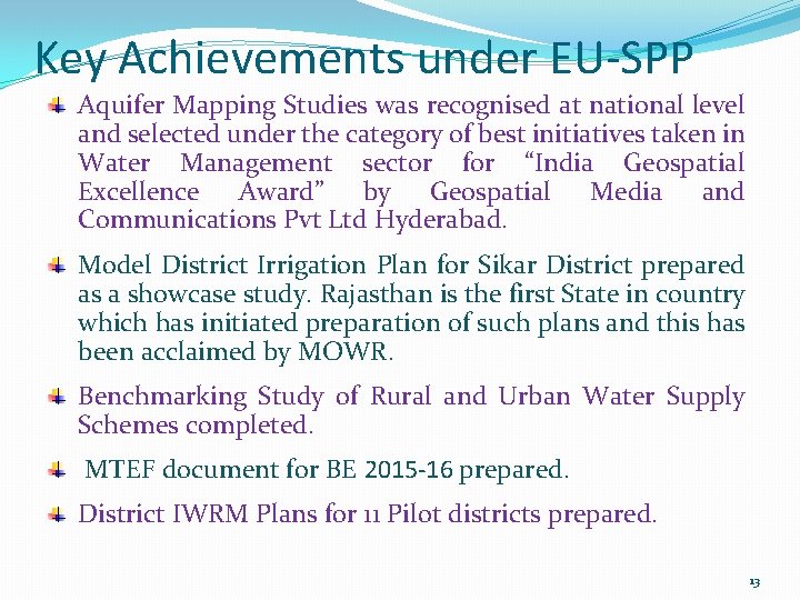 Key Achievements under EU-SPP Aquifer Mapping Studies was recognised at national level and selected