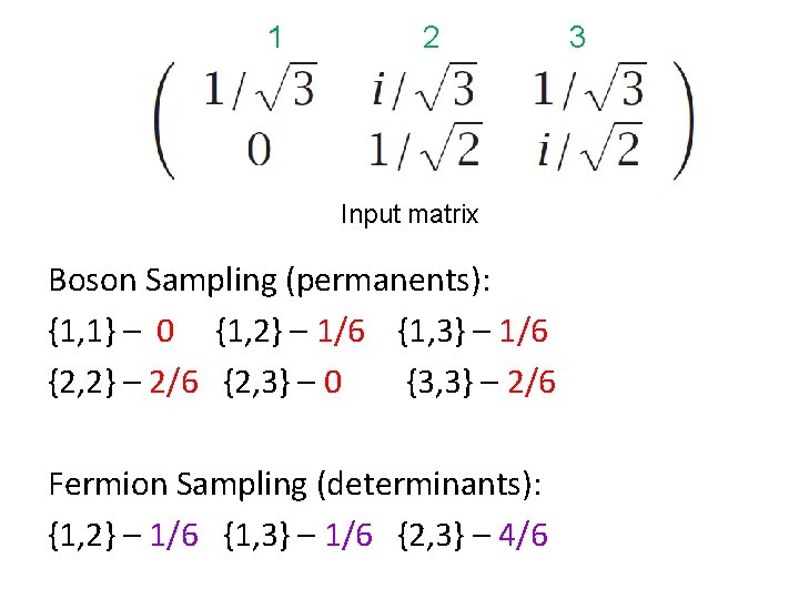 1 2 Input matrix Boson Sampling (permanents): {1, 1} – 0 {1, 2} –