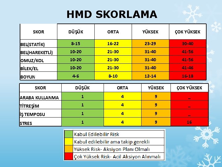 HMD SKORLAMA SKOR DÜŞÜK ORTA YÜKSEK ÇOK YÜKSEK BEL(STATİK) 8 -15 16 -22 23