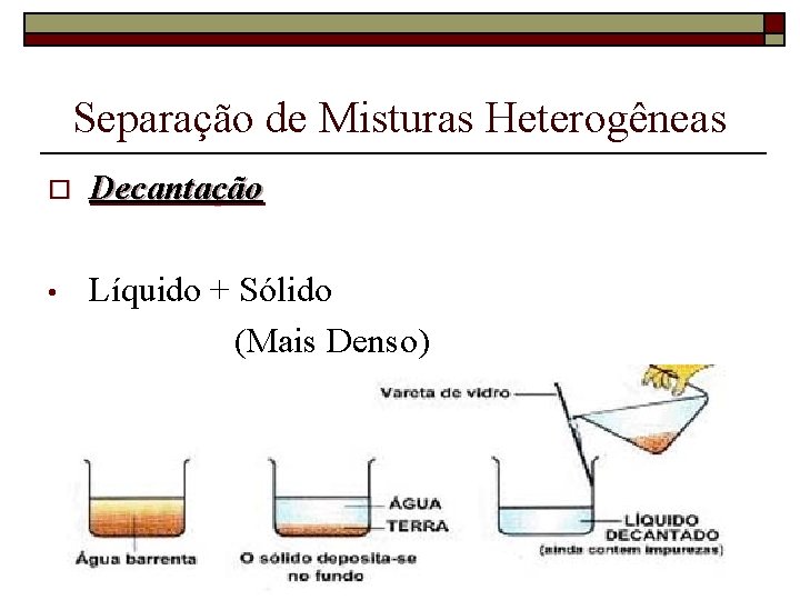 Separação de Misturas Heterogêneas o Decantação • Líquido + Sólido (Mais Denso) 