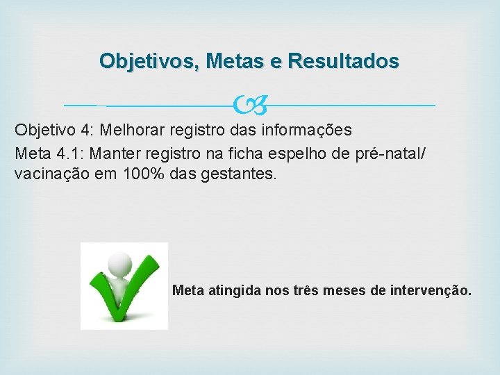 Objetivos, Metas e Resultados Objetivo 4: Melhorar registro das informações Meta 4. 1: Manter