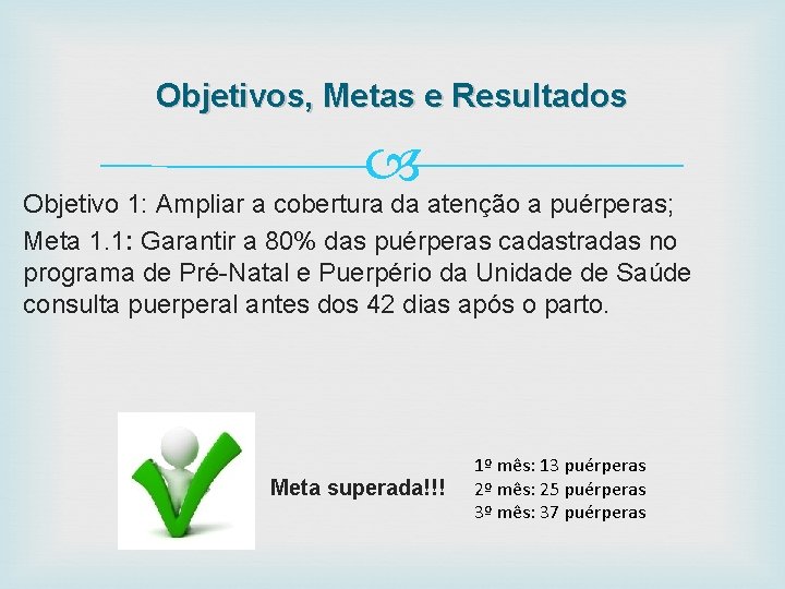 Objetivos, Metas e Resultados Objetivo 1: Ampliar a cobertura da atenção a puérperas; Meta