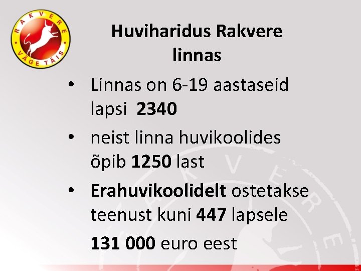 Huviharidus Rakvere linnas • Linnas on 6 -19 aastaseid lapsi 2340 • neist linna