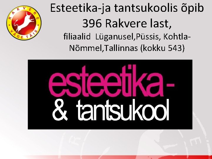 Esteetika-ja tantsukoolis õpib 396 Rakvere last, filiaalid Lüganusel, Püssis, Kohtla. Nõmmel, Tallinnas (kokku 543)