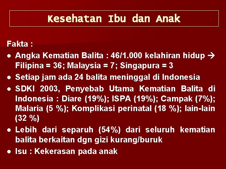 Kesehatan Ibu dan Anak Fakta : ● Angka Kematian Balita : 46/1. 000 kelahiran