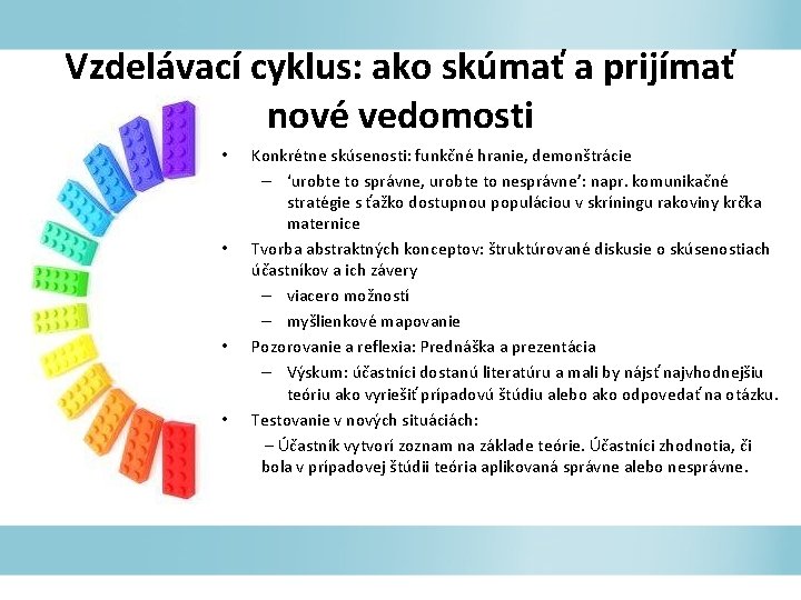 Vzdelávací cyklus: ako skúmať a prijímať nové vedomosti • • Konkrétne skúsenosti: funkčné hranie,