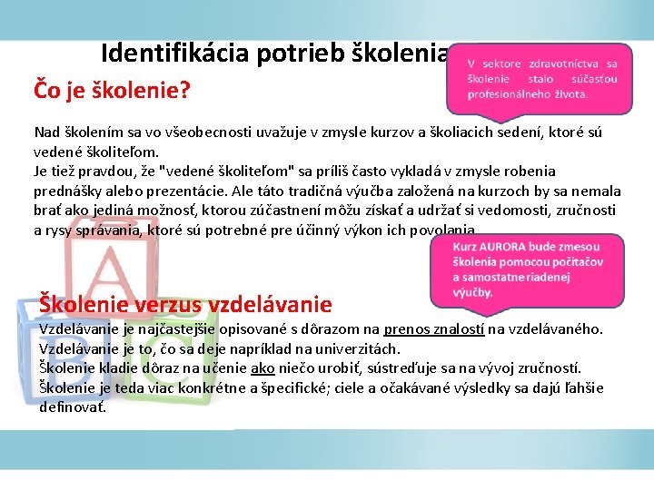 Identifikácia potrieb školenia Čo je školenie? Nad školením sa vo všeobecnosti uvažuje v zmysle