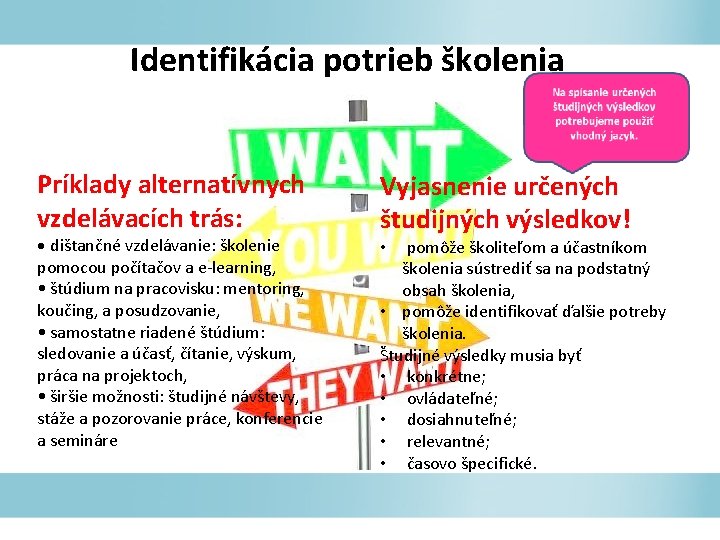 Identifikácia potrieb školenia Príklady alternatívnych vzdelávacích trás: • dištančné vzdelávanie: školenie pomocou počítačov a