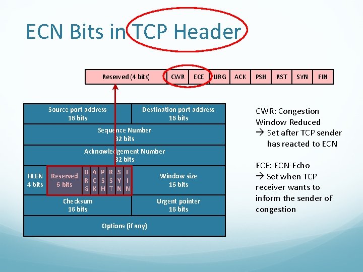 ECN Bits in TCP Header Reserved (6 bits)CWR Reserved (4 bits) Source port address ECN Bits in TCP Header Reserved (6 bits)CWR Reserved (4 bits) Source port address