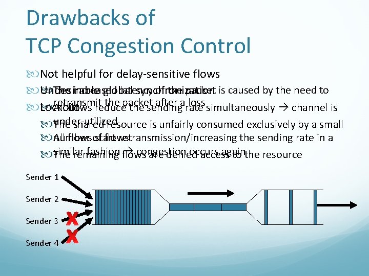 Drawbacks of TCP Congestion Control Not helpful for delay-sensitive flows The increased latency of Drawbacks of TCP Congestion Control Not helpful for delay-sensitive flows The increased latency of