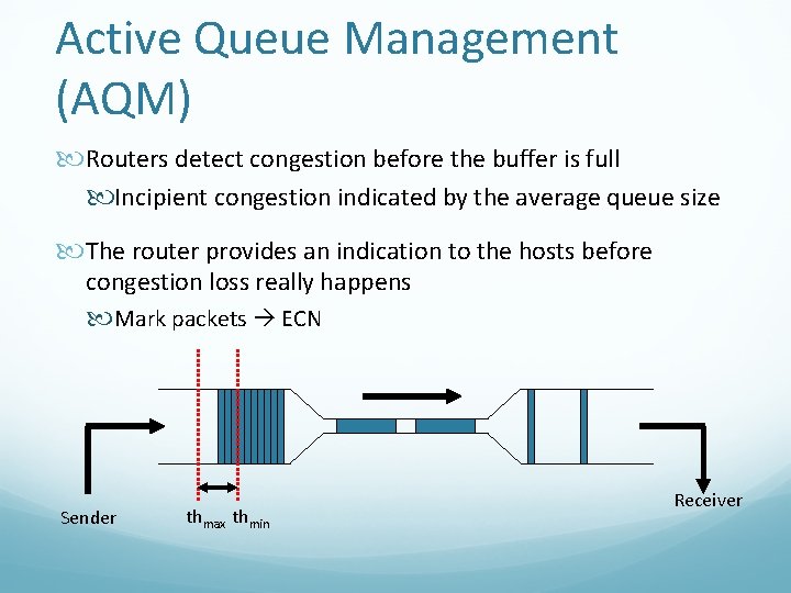 Active Queue Management (AQM) Routers detect congestion before the buffer is full Incipient congestion Active Queue Management (AQM) Routers detect congestion before the buffer is full Incipient congestion