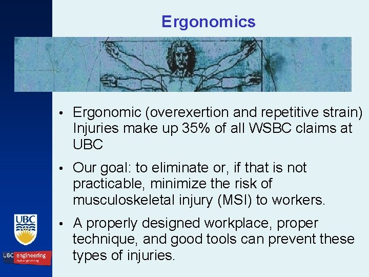 Ergonomics • Ergonomic (overexertion and repetitive strain) Injuries make up 35% of all WSBC