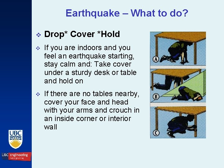Earthquake – What to do? v Drop* Cover *Hold v If you are indoors