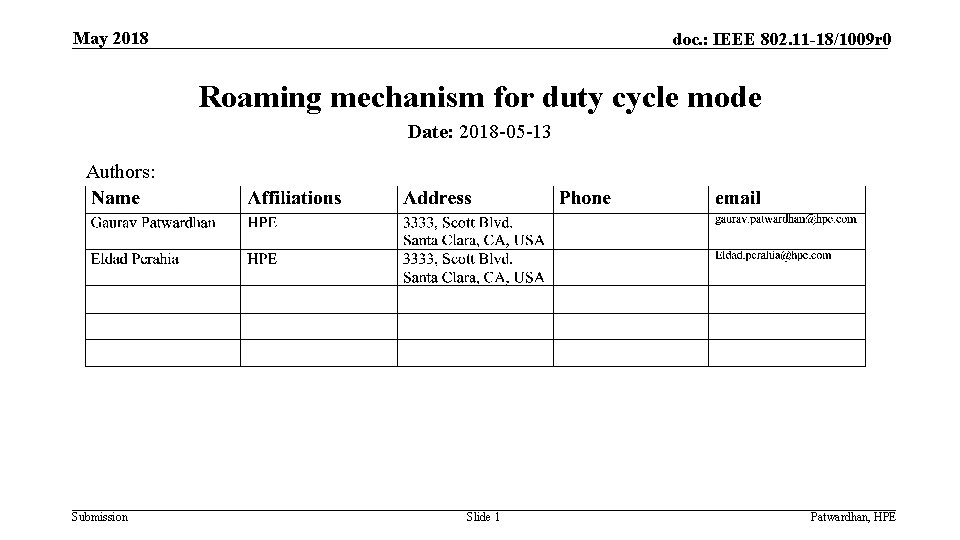 May 2018 doc. : IEEE 802. 11 -18/1009 r 0 Roaming mechanism for duty