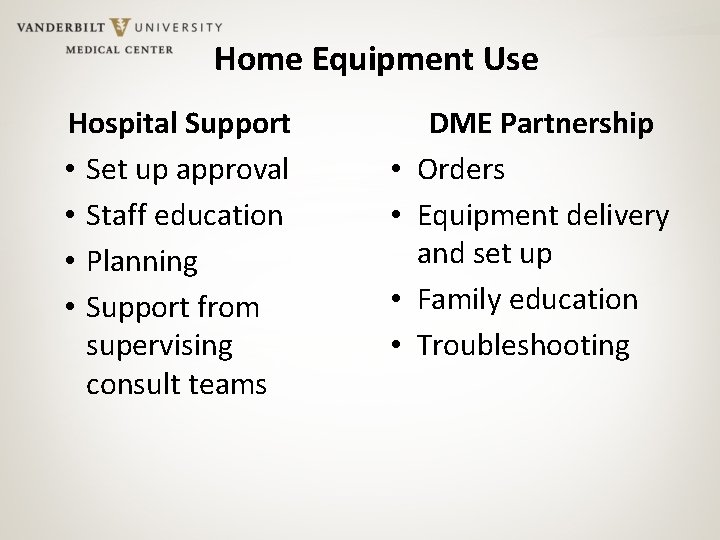 Home Equipment Use Hospital Support • Set up approval • Staff education • Planning