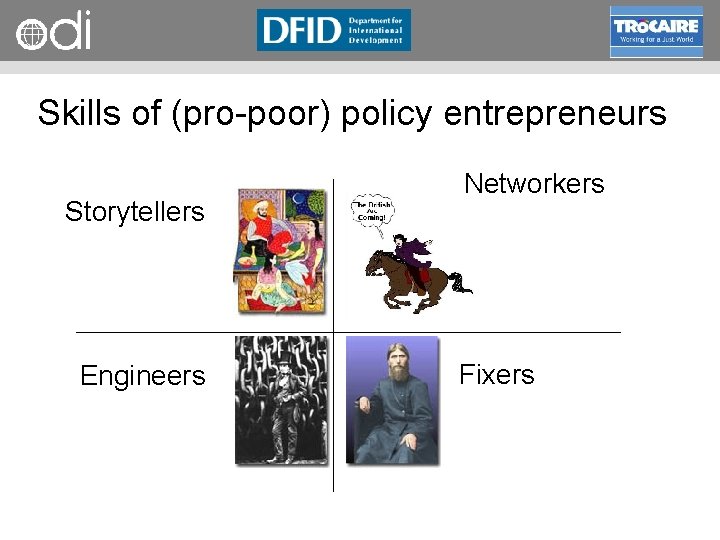 RAPID Programme Skills of (pro poor) policy entrepreneurs Storytellers Engineers Networkers Fixers 