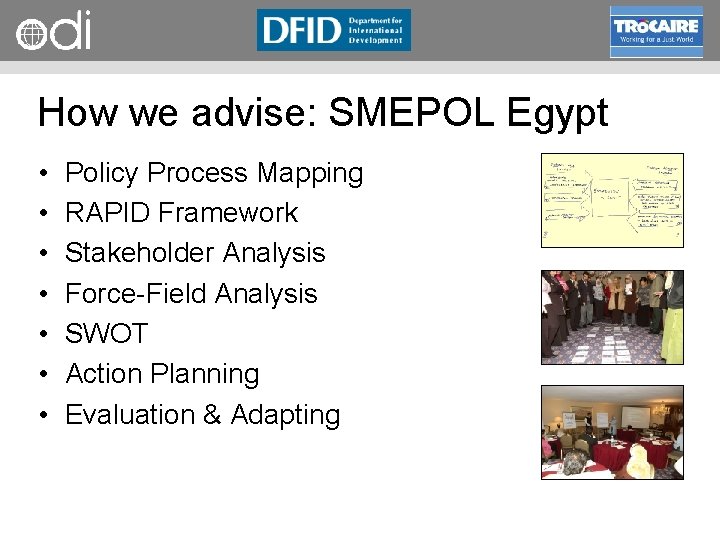 RAPID Programme How we advise: SMEPOL Egypt • • Policy Process Mapping RAPID Framework