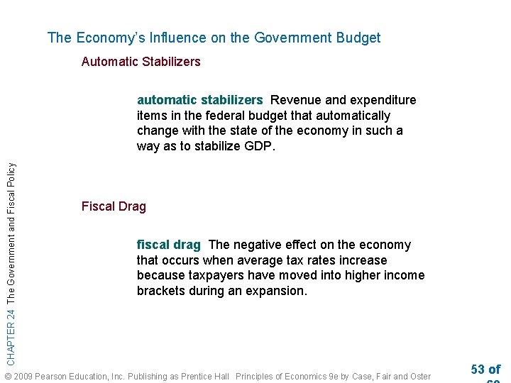 The Economy’s Influence on the Government Budget Automatic Stabilizers CHAPTER 24 The Government and