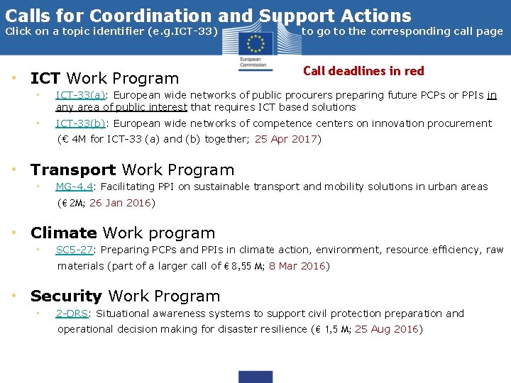 Calls for Coordination and Support Actions Click on a topic identifier (e. g. ICT-33)