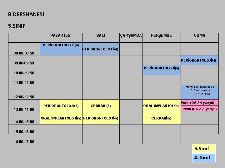B DERSHANESİ 5. SINIF PAZARTESİ SALI ÇARŞAMBA PERŞEMBE PERİODONTOLOJ İ(4) CUMA PERİODONTOLOJİ (4) 08: