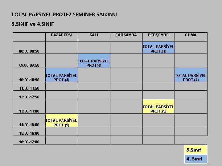 TOTAL PARSİYEL PROTEZ SEMİNER SALONU 5. SINIF ve 4. SINIF PAZARTESİ SALI ÇARŞAMBA PERŞEMBE