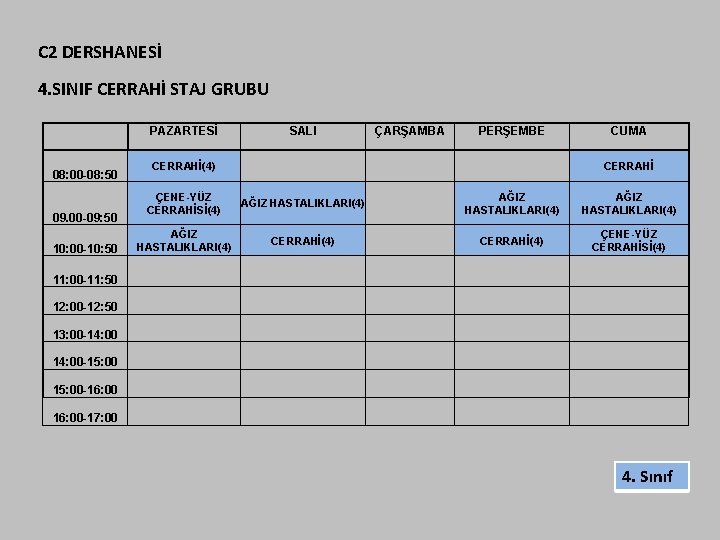 C 2 DERSHANESİ 4. SINIF CERRAHİ STAJ GRUBU PAZARTESİ 08: 00 -08: 50 09.