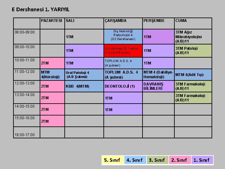 E Dershanesi 1. YARIYIL PAZARTESI SALI 08: 00 -09: 00 1 TM ÇARŞAMBA Diş