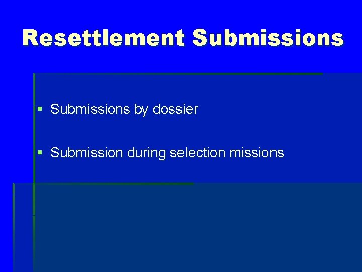 Resettlement Submissions § Submissions by dossier § Submission during selection missions 