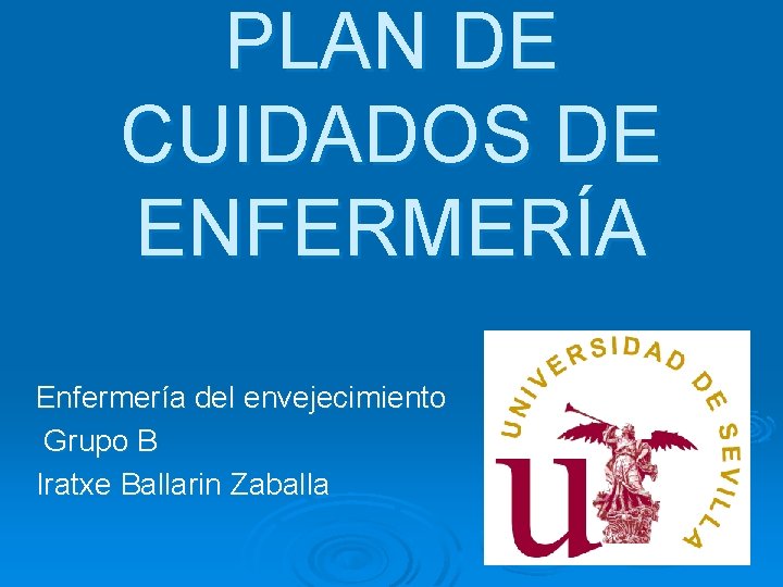 PLAN DE CUIDADOS DE ENFERMERÍA Enfermería del envejecimiento Grupo B Iratxe Ballarin Zaballa PLAN DE CUIDADOS DE ENFERMERÍA Enfermería del envejecimiento Grupo B Iratxe Ballarin Zaballa