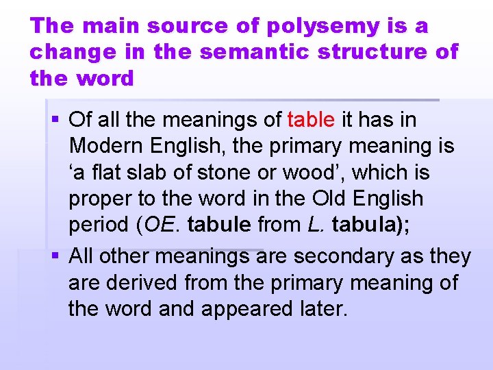 The main source of polysemy is a change in the semantic structure of the