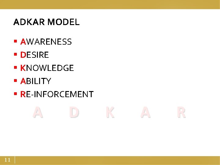 ADKAR MODEL § AWARENESS § DESIRE § KNOWLEDGE § ABILITY § RE-INFORCEMENT A 11