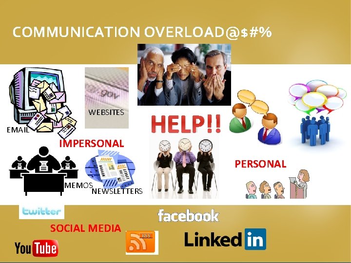 COMMUNICATION OVERLOAD@$#% WEBSITES EMAIL IMPERSONAL HELP!! PERSONAL MEMOS NEWSLETTERS SOCIAL MEDIA 