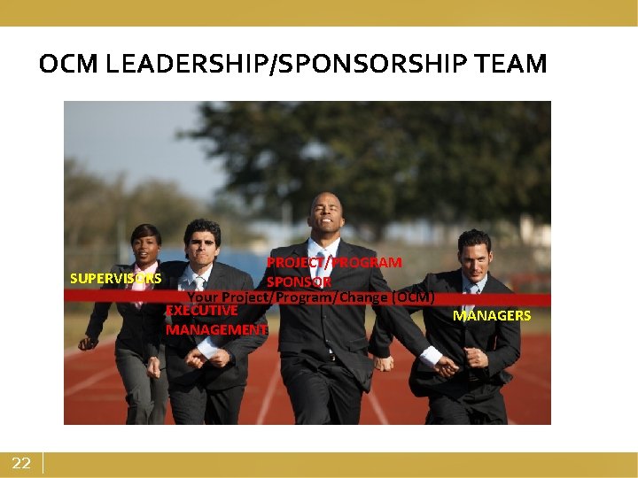 OCM LEADERSHIP/SPONSORSHIP TEAM PROJECT/PROGRAM SUPERVISORS SPONSOR Your Project/Program/Change (OCM) EXECUTIVE MANAGEMENT 22 MANAGERS 