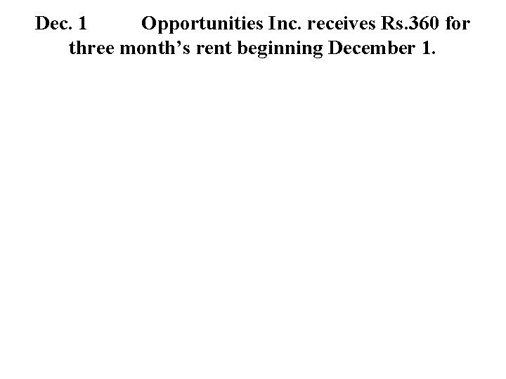 Dec. 1 Opportunities Inc. receives Rs. 360 for three month’s rent beginning December 1.