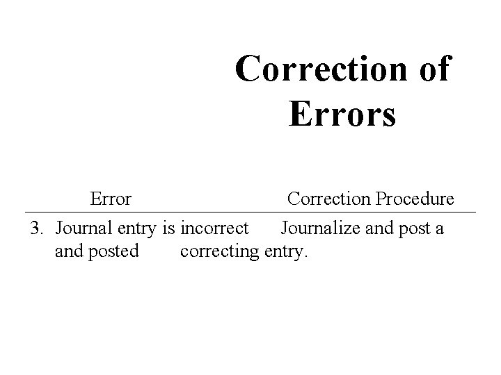 Correction of Errors Error Correction Procedure 3. Journal entry is incorrect Journalize and post