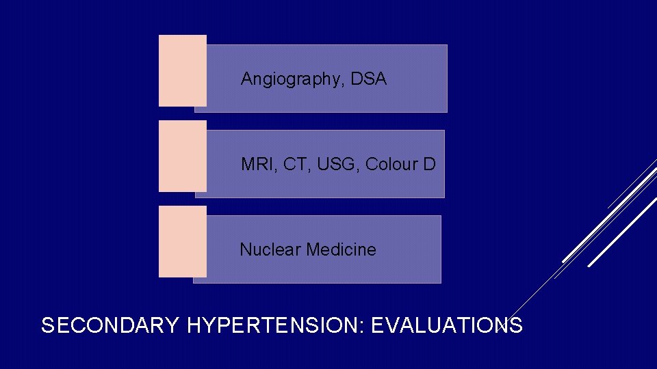 Angiography, DSA MRI, CT, USG, Colour D Nuclear Medicine SECONDARY HYPERTENSION: EVALUATIONS Angiography, DSA MRI, CT, USG, Colour D Nuclear Medicine SECONDARY HYPERTENSION: EVALUATIONS